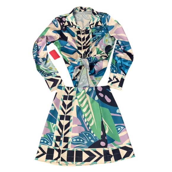 Tropical Leaf Print Satin Top with the Matching Skirt - Picture 1 of 8